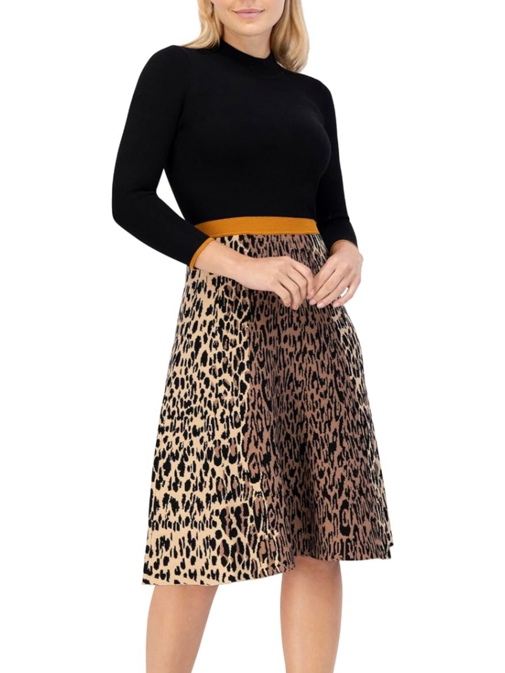 Eliza J Womens 3/4 Sleeve Mock Neck Leopard print Sweater Dress